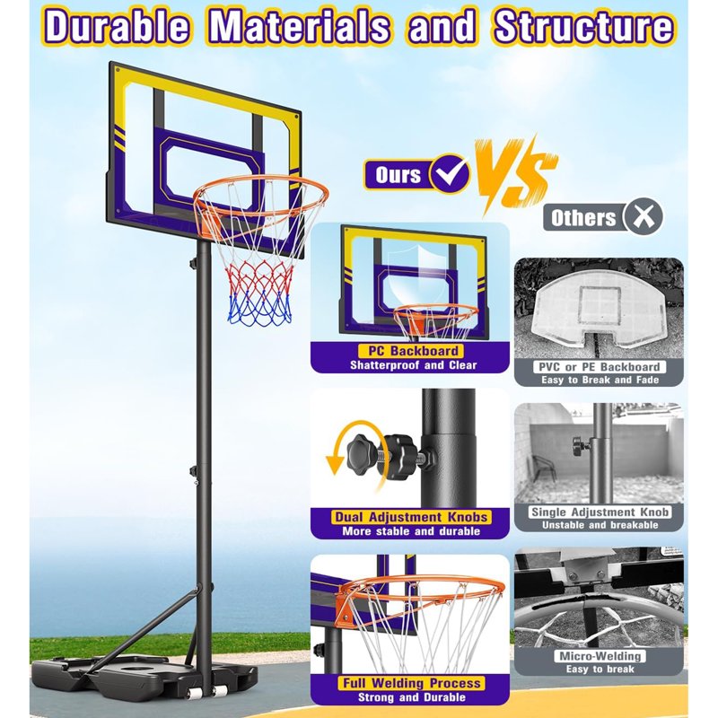 Kids Adjustable Outdoor Basketball Hoop - Portable 3.5-7ft Stepless Height, Shatterproof Backboard