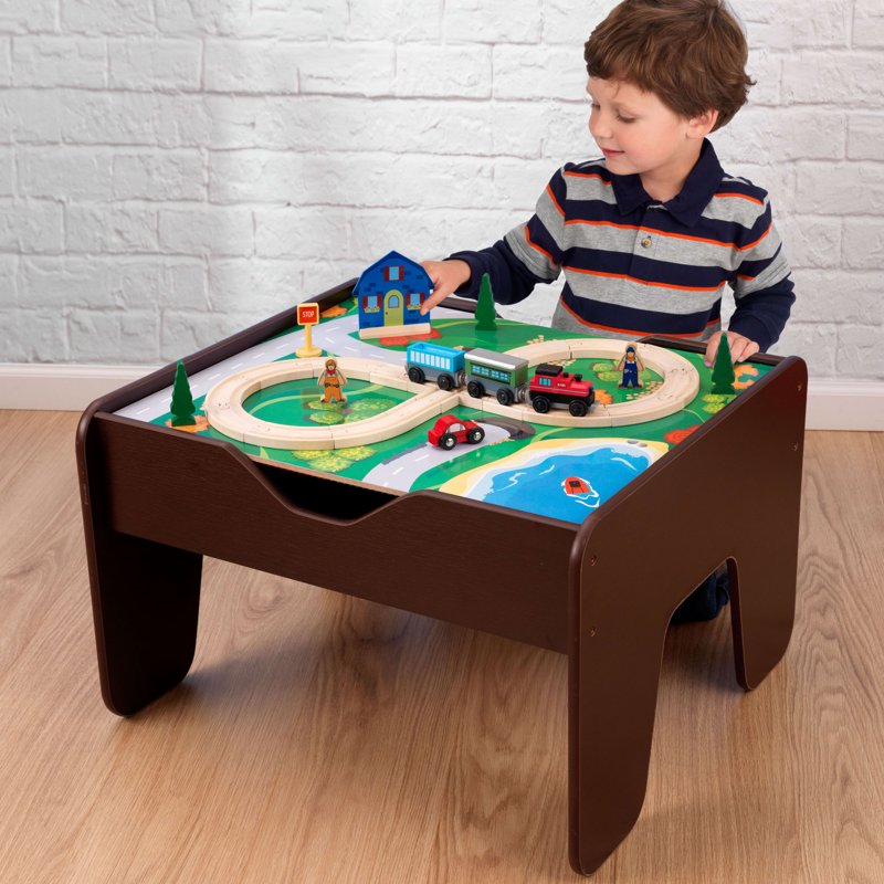 KidKraft Reversible Wooden Activity Table with Board and Train Set - Espresso, 3+