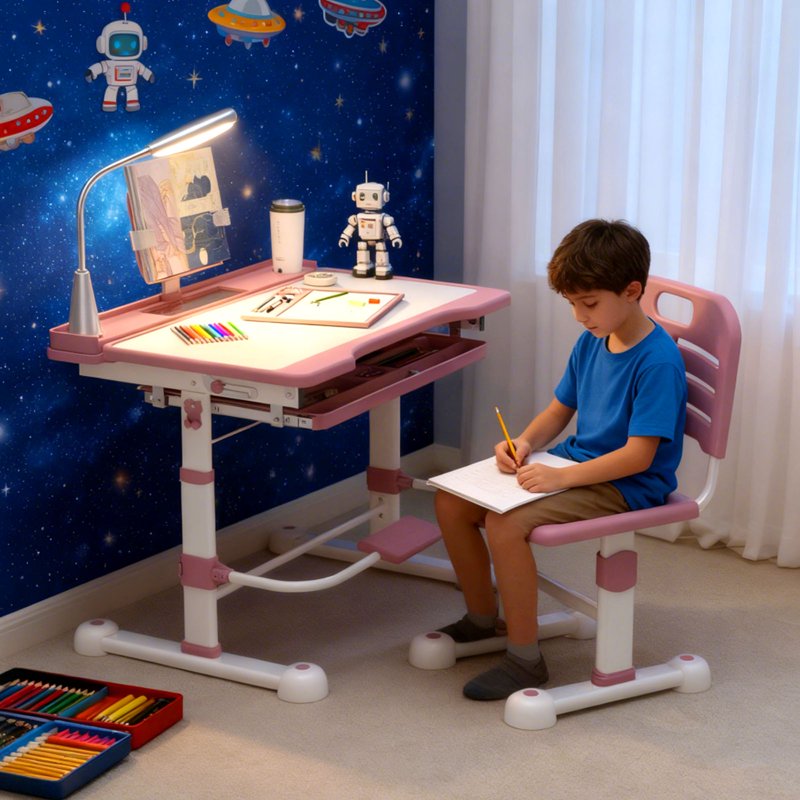 Kids Adjustable Study Desk & Chair Set with LED Light, Tilt Top, Storage Drawer