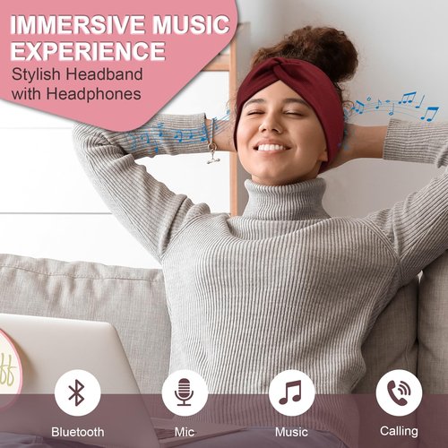 BULYPAZY 2-Pack Headband Headphones with Thin HD Speakers, Bluetooth Headband for Women, Stylish Knotted Headband, Comfortable Headband for Workout, Running, Yoga, Travel, Meditation - Red&Black