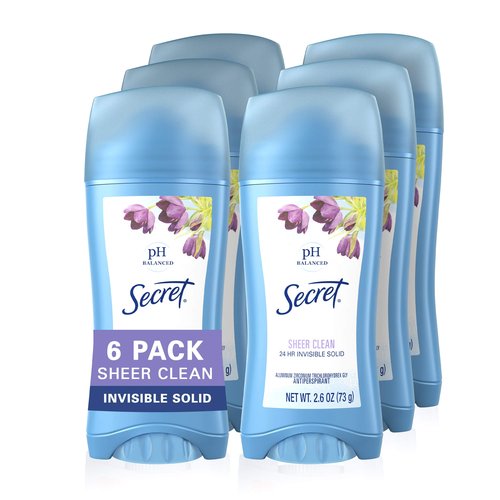 Secret Invisible Solid Antiperspirant and Deodorant, Sheer Clean, 2.6 Oz (Pack of 6)