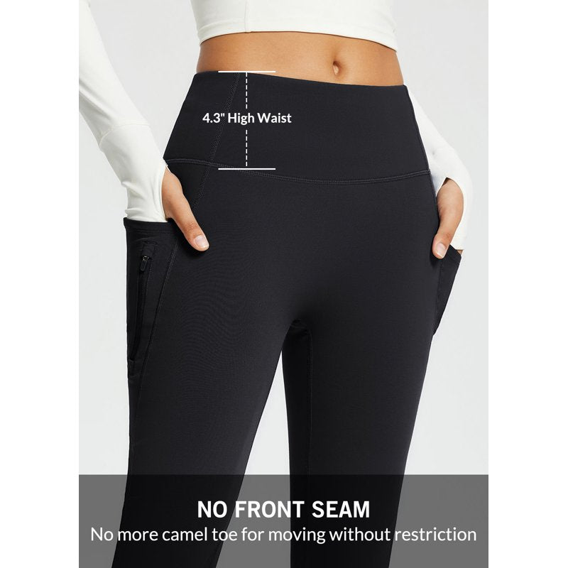 Thermal Fleece Lined Yoga Pants with Pockets - Waterproof Winter Flare Leggings