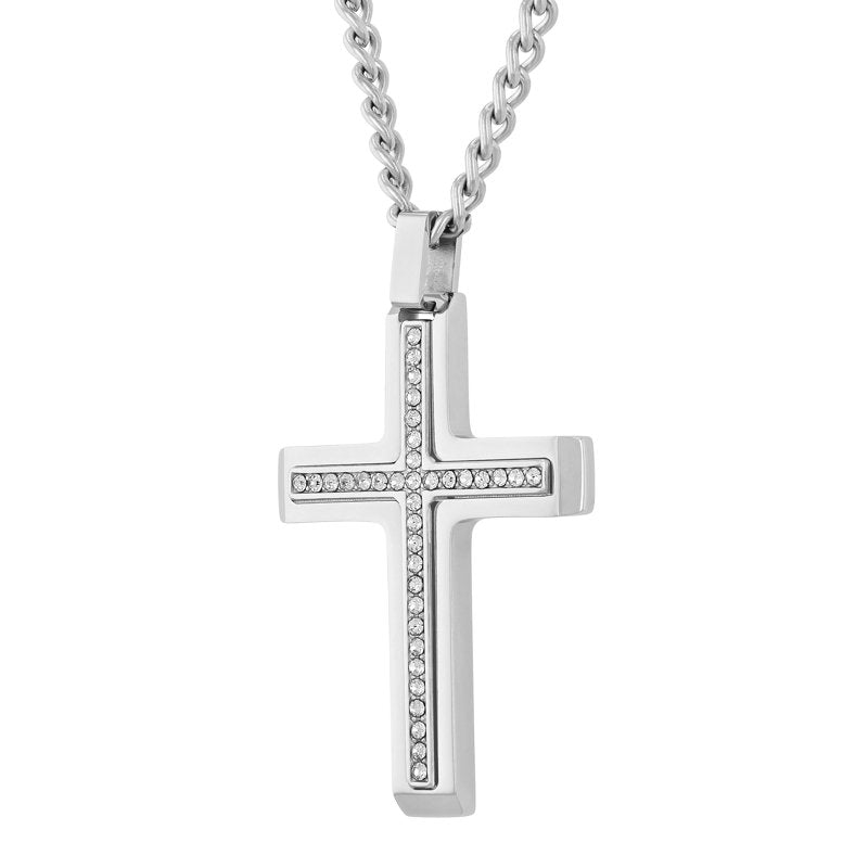Men's Stainless Steel Cross Pendant with Crystals - Gift for Men