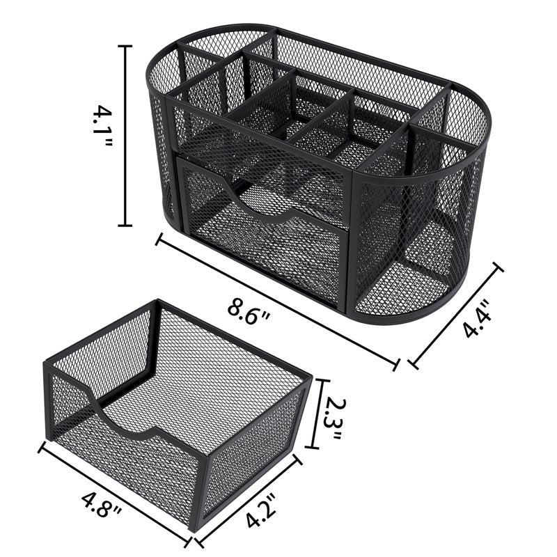 Desk Organizer with Drawers and Pen Holder - Mesh Office Storage, Black