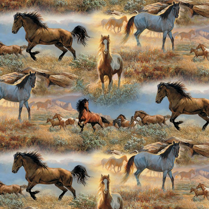 Cotton Horses in the Prairie Fabric 44 Inch Width - 2 Pack