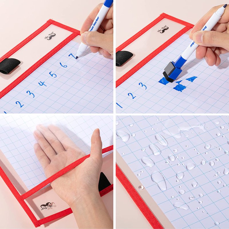 Dry Erase Pocket Sleeves Set of 6 - A4 10x14 Inch Colorful Plastic Sheets