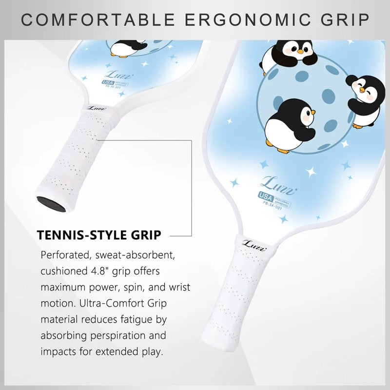 Luzz 16mm Carbon Fiber Pickleball Paddle – Sandblasted 3K T700, USAPA Approved, Penguin Party Variation