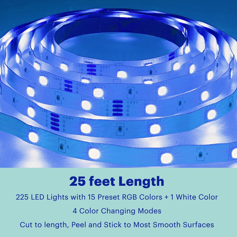 Multicolor LED Light Strip with Remote Control - 25 Feet, Customizable Lighting