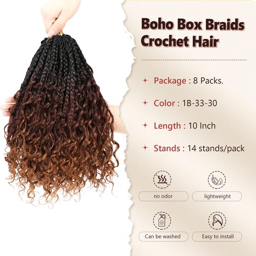 Boho Box Braids Crochet Hair 8 Packs Boho Crochet Braids Pre Looped 1B/33/30 Goddess Box Braids Crochet Hair for Black Women 10 Inch Boho Braids Crochet Hair Extension