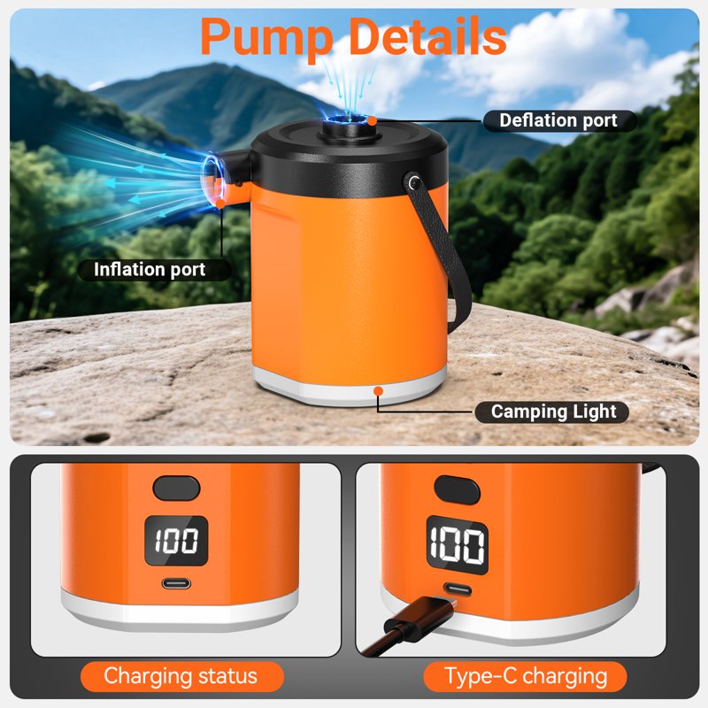 Portable Electric Air Pump with 5000mAh Battery & Camping Light for Inflatables