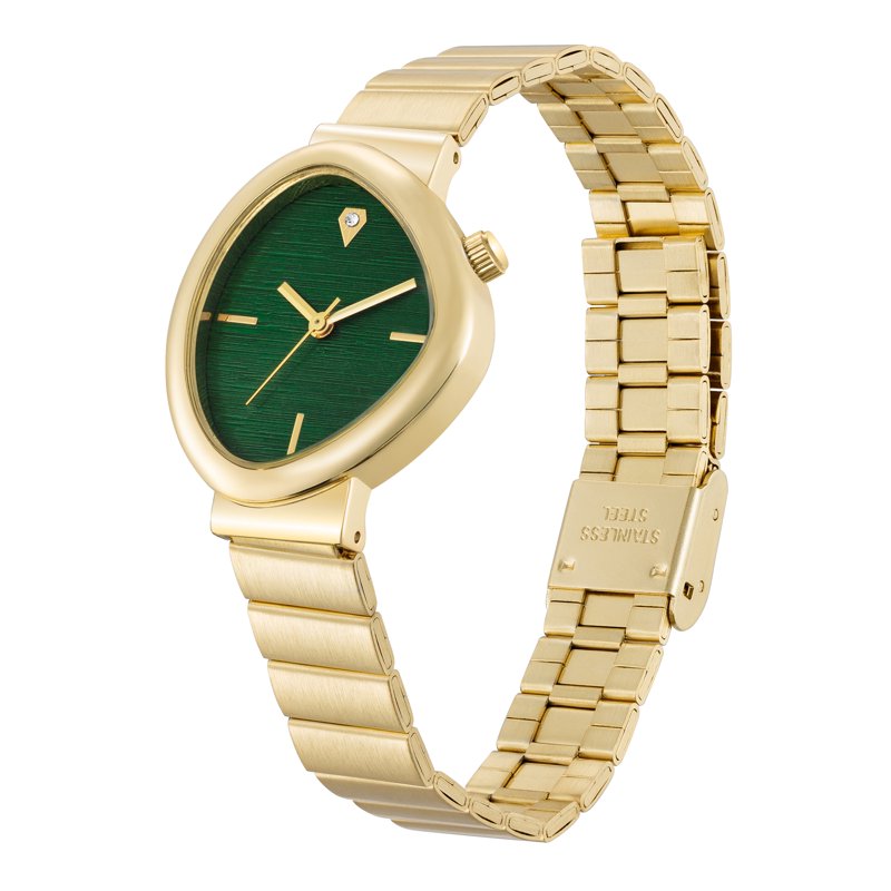 Women's Gold-Tone Wristwatch with Green Dial & Diamond Accent