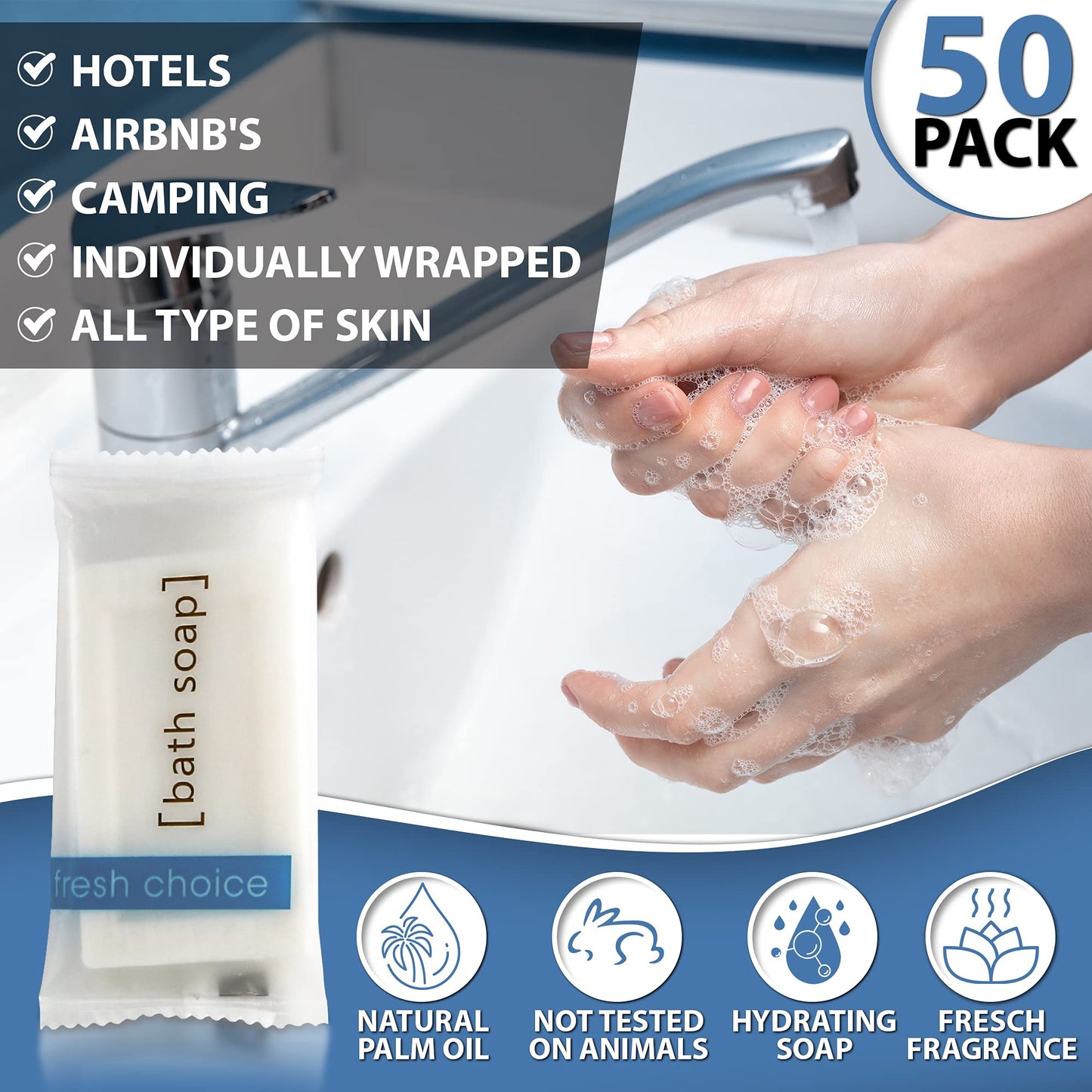 Fresh Choice Bulk Hotel Soap, Individually Wrapped Bar Soaps, Mini Trial Size Toiletries, Bath Body Hand Soap for Airbnb, VRBO, Vacation Rentals and Motel Guest Bathroom, 0.85 oz, Pack of 50