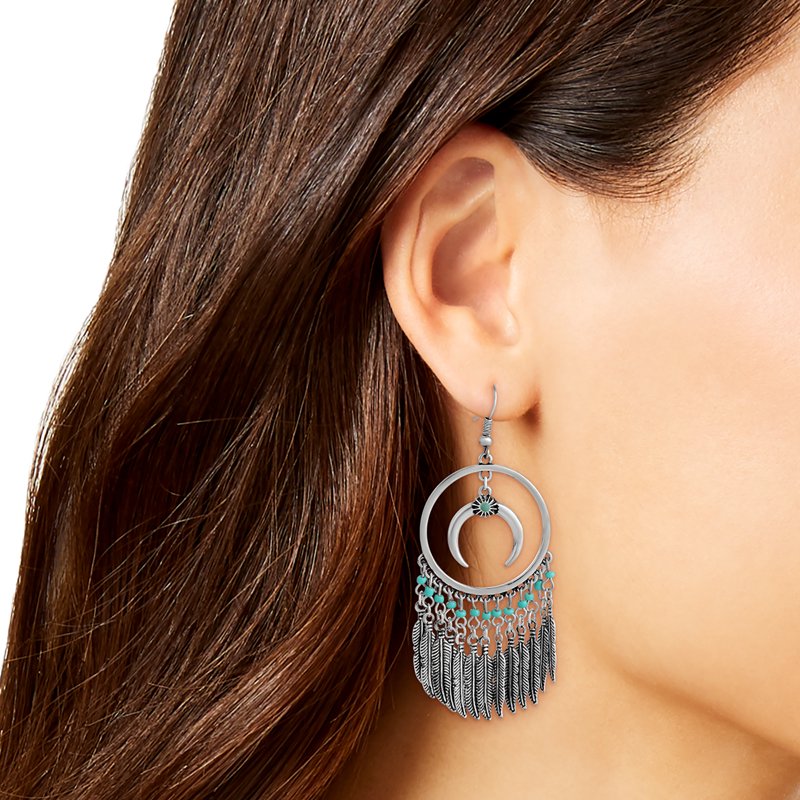 Women's Faux Turquoise Circle Feather Earrings - Boho Statement Jewelry