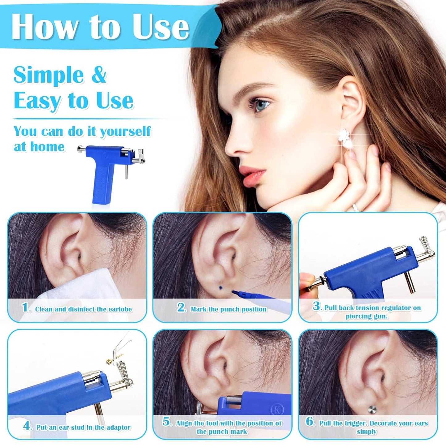 Professional Ear Piercing Gun Kit, Reusable Piercing Gun with Stainless Steel Piercing Earrings Studs, Crystal Earrings for At Home Salon Earlobe Cartilage Helix Tragus Piercing Tool Kit