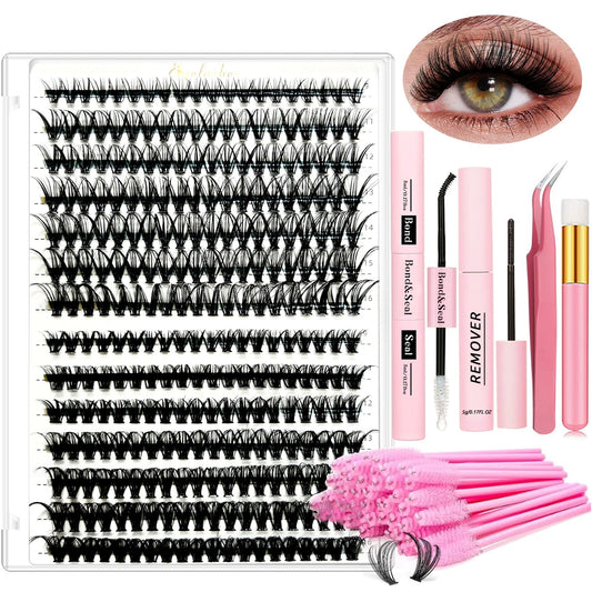 DIY Lash Extension Kit Individual Lashes Kit for Beginner at Home with 280 PCS 9-16mm Length 30D+40D Curl Lash Clusters Lash Bond and Seal Glue Remover Tweezers Lash Applicator Tool