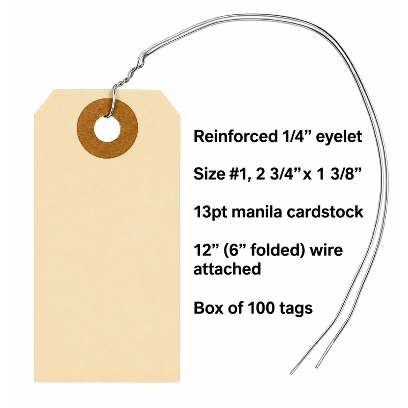 Manila Tag Set with Wire Attachments - Small Labels for Inventory & Crafts