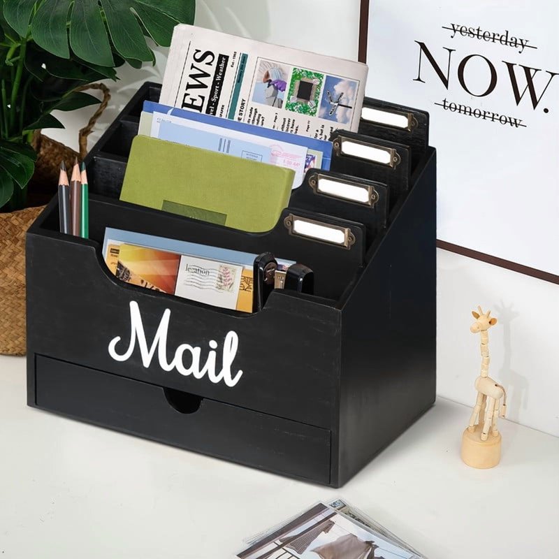 Wood Desk Mail Organizer with Drawer - Rustic Style Letter Holder & Sorter