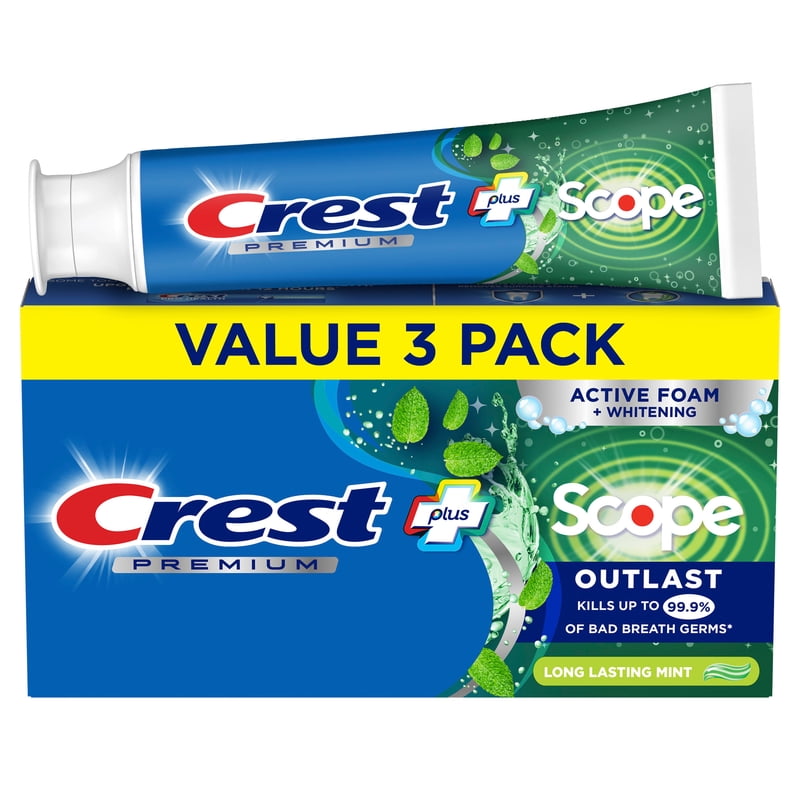 (4 Pack) Crest Fluoride Toothpaste with Scope Outlast - Mint, 3 x 5.2 oz