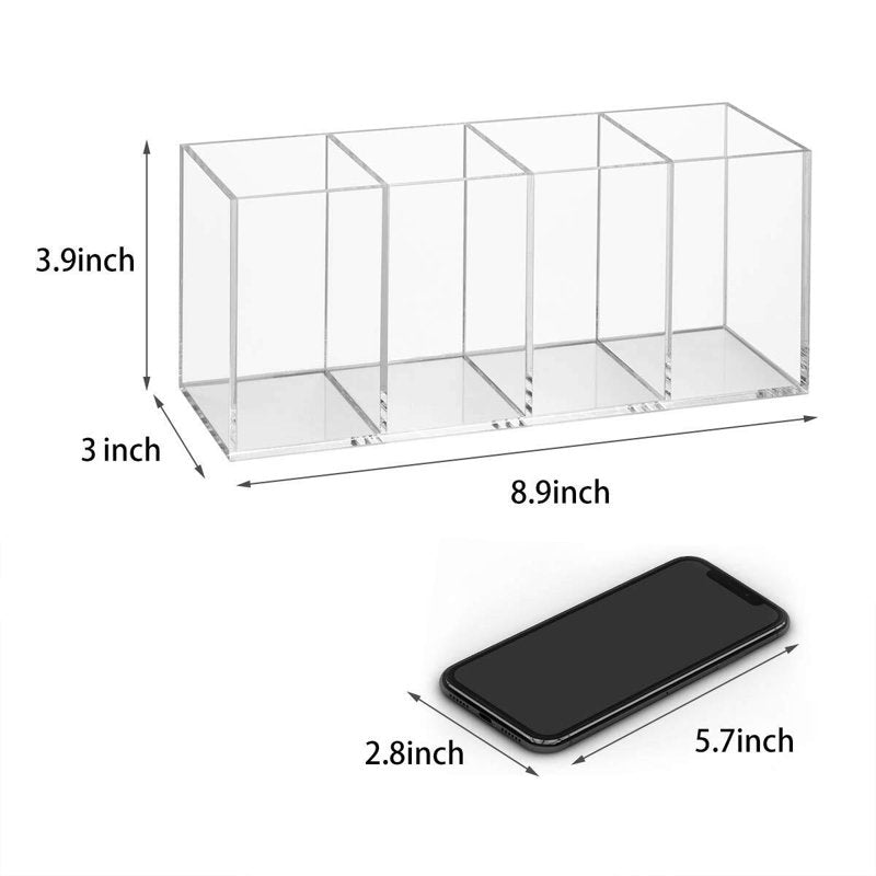 Clear Acrylic Pen Holder with 4 Compartments - Desk Organizer for Office, Makeup & Art Supplies