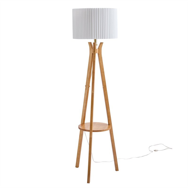 Natural Wood Tripod Floor Lamp with Pleated Shade and Shelf