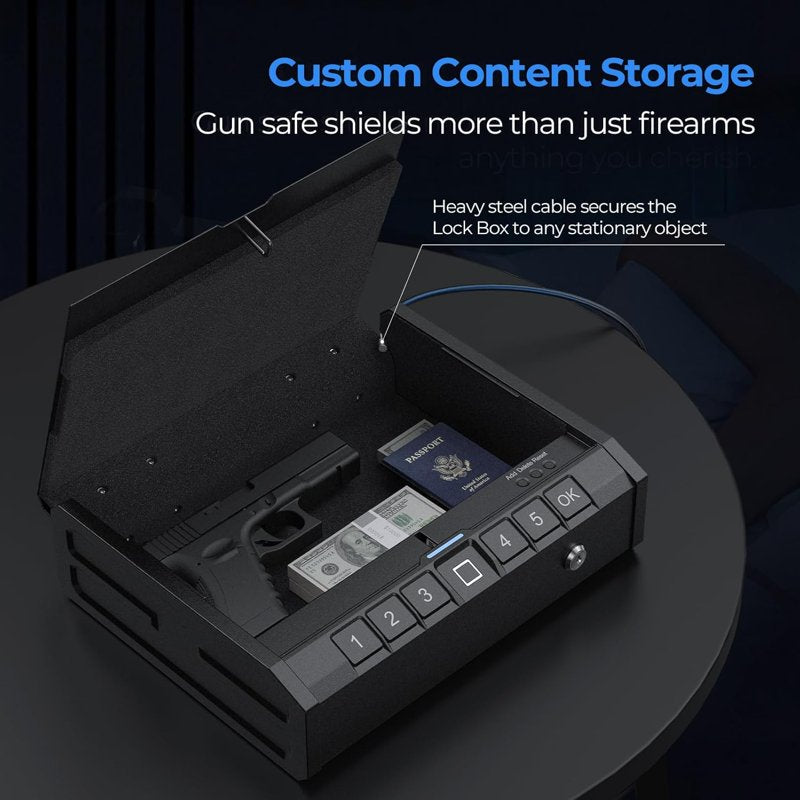 Biometric Gun Safe with Fingerprint & Keypad Lock - Secure Handgun Storage for Home & Car