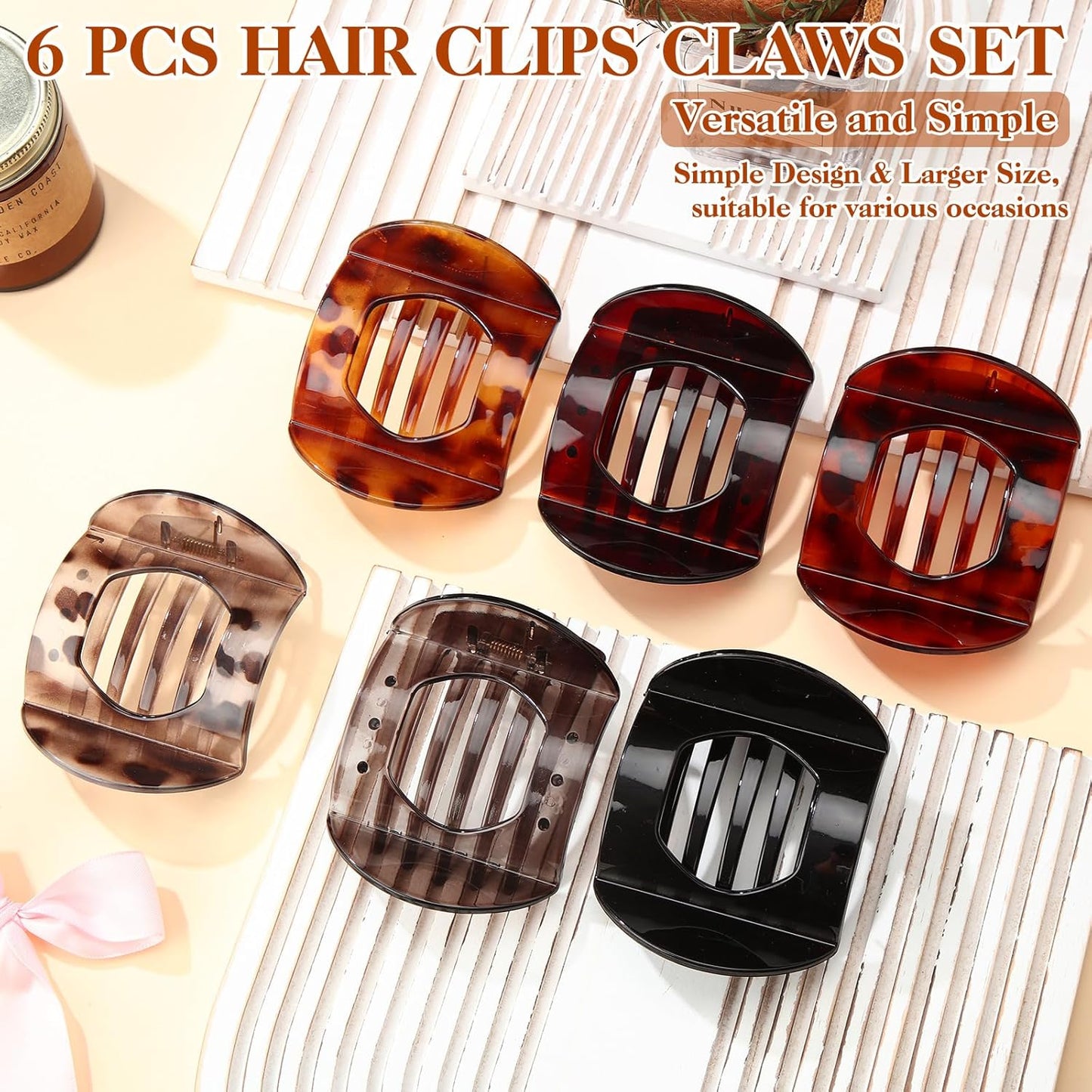 Large Tortoiseshell French Claw Clips - 6 Pack Strong Hold Hair Accessories for Women & Girls