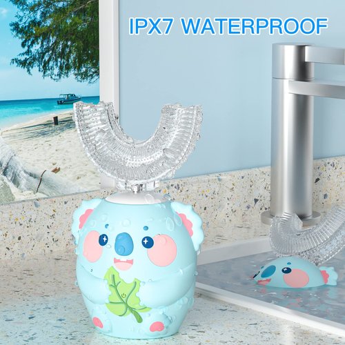 ELOTAME Cartoon Kids U Shaped Electric Toothbrush with 4 Brush Heads,Full Mouth 360-Degree Cleaning Sonic Automatic Toothbrush with IPX7 Waterproof (8-15 Age Blue Koala Without Cup)
