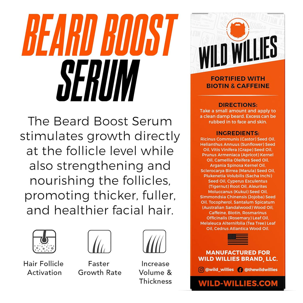 Wild Willies Beard Growth Serum for Men - Natural Beard Serum with Biotin, Caffeine & Essential Beard Oil for Fuller, Thicker Facial Hair Enhancer - Daily Grooming, Nourishes & Hydrates Facial Hair