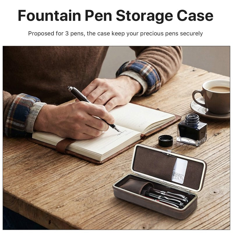 Genuine Leather Fountain Pen Case for 3 Pens with Card Slot - Handmade
