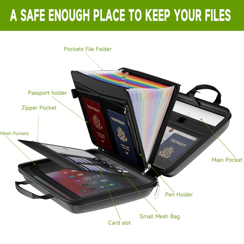 Fireproof Document Organizer with Lock and Accordion File - Hard Shell Safe Storage