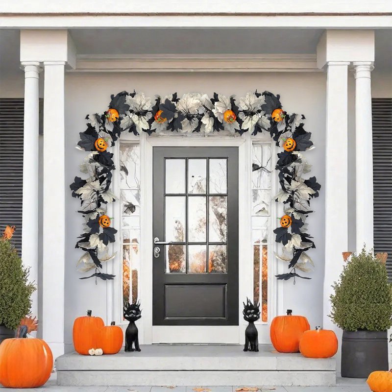 Halloween Pumpkin Garland with Fall Maple Leaves and Mini Pumpkins - Indoor Outdoor Holiday Decor