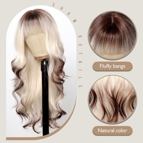 testar Long Platinum Blonde Wavy Wigs For White Women 26 Inch Brown and White Wigs with Bangs Synthetic Blonde Curly Wigs For Daily Party Use Hair Replacement Halloween Wigs