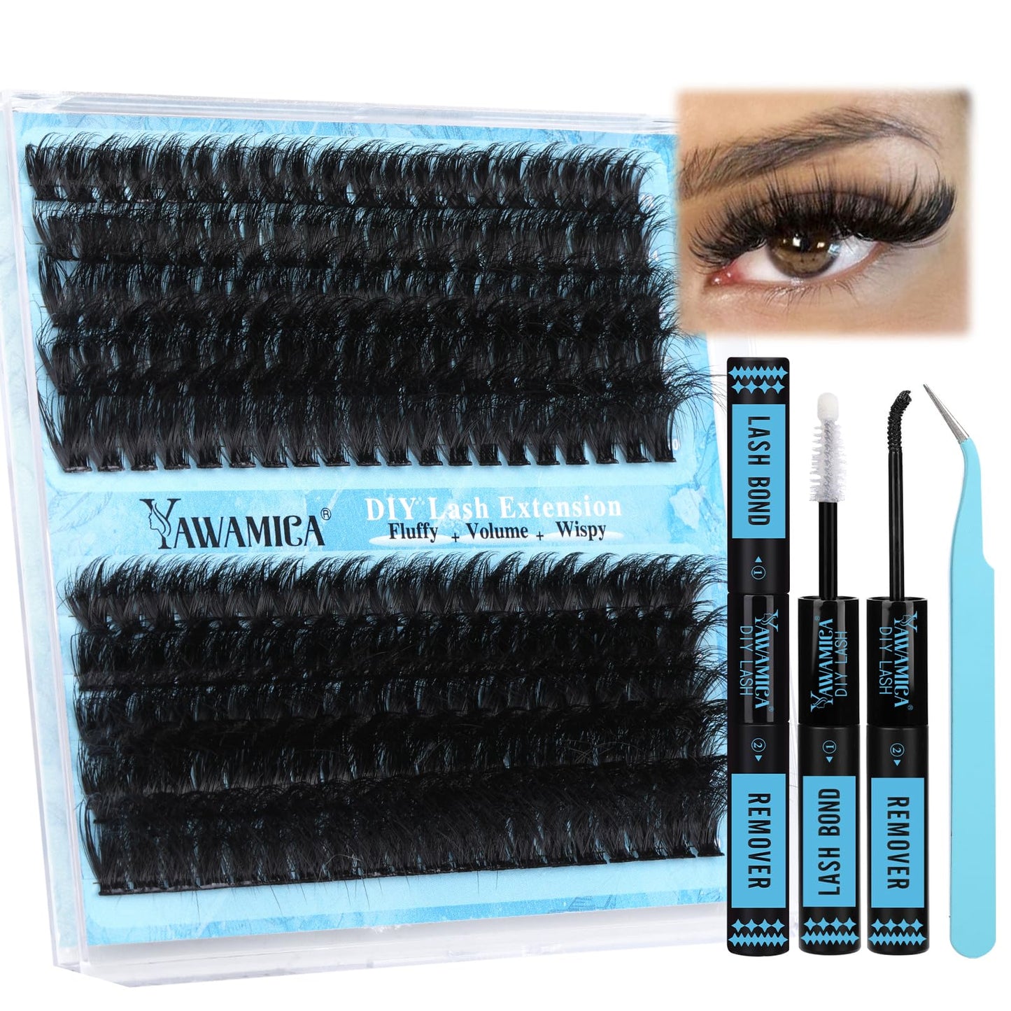 Yawamica Lash Extension Kit Fluffy 150D+200D Lash Clusters Eyelash Extension Kit 12-20mm Individual Lashes with Lash Bond, Lash Remover, Lash Applicator for DIY Lashes Extension(150D+200D-12-20MM Kit)