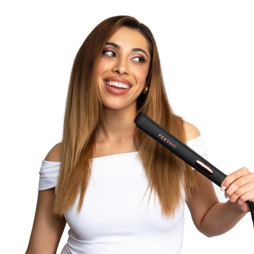 FoxyBae Trés Sleek Titanium Flat Iron Hair Straightener - Frizz-Free, Shinier & Smoother Hair - Dual Voltage Hair Styling Tools - w/LCD Display, Temperature Control, Auto Shut-Off 1" [Black Rose-Gold]
