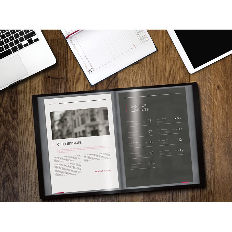 Black Presentation Book with 24 Pocket Pages, Clear Front Cover, 8.5x11 Inches, Durable Poly Cover, Pack of 2
