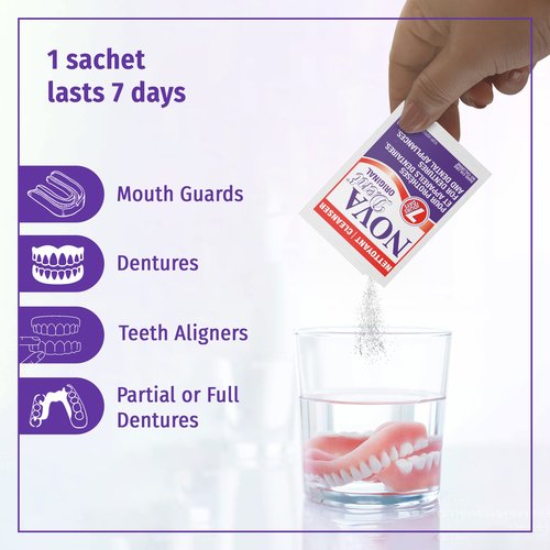Novadent Dentures Cleaner – for Dental Appliances, Retainers, Trays, Mouth Guards, Teeth Aligners - 6 Months (26 sachets)