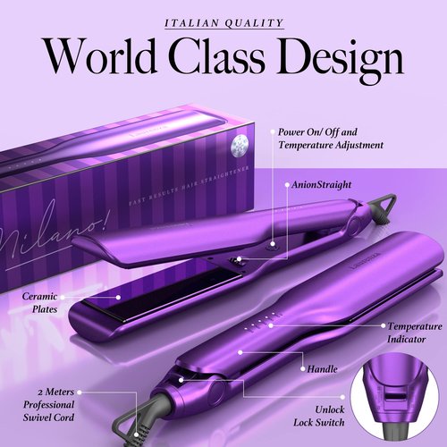 Laurenza 2-in-1 Hair Straightener & Curler, 8.5" Extra-Large Ceramic Iron with 20M Anions (Purple)