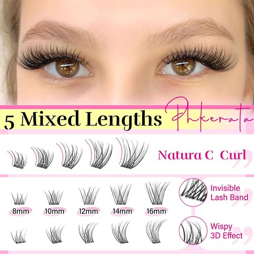 PHKERATA Wispy Lash Clusters Invisible Band Eyelash Clusters Natural Lashes Clusters 120 pcs C Curl Cluster Eyelash Extensions Ultra Thin Clear Band Individual Lashes at Home, 8-16mm