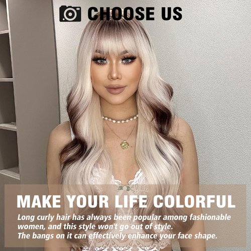 testar Long Platinum Blonde Wavy Wigs For White Women 26 Inch Brown and White Wigs with Bangs Synthetic Blonde Curly Wigs For Daily Party Use Hair Replacement Halloween Wigs