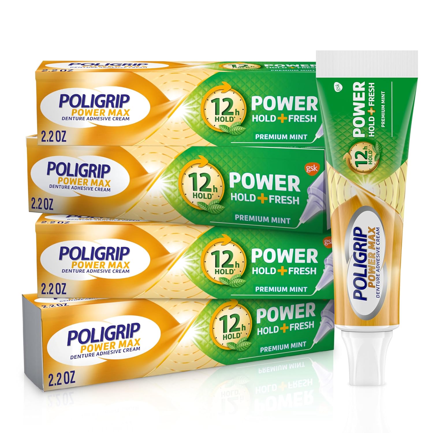 Super Poligrip Power Max Power Hold + Fresh Denture Cream, Premium Peppermint - 2.2 oz x 4