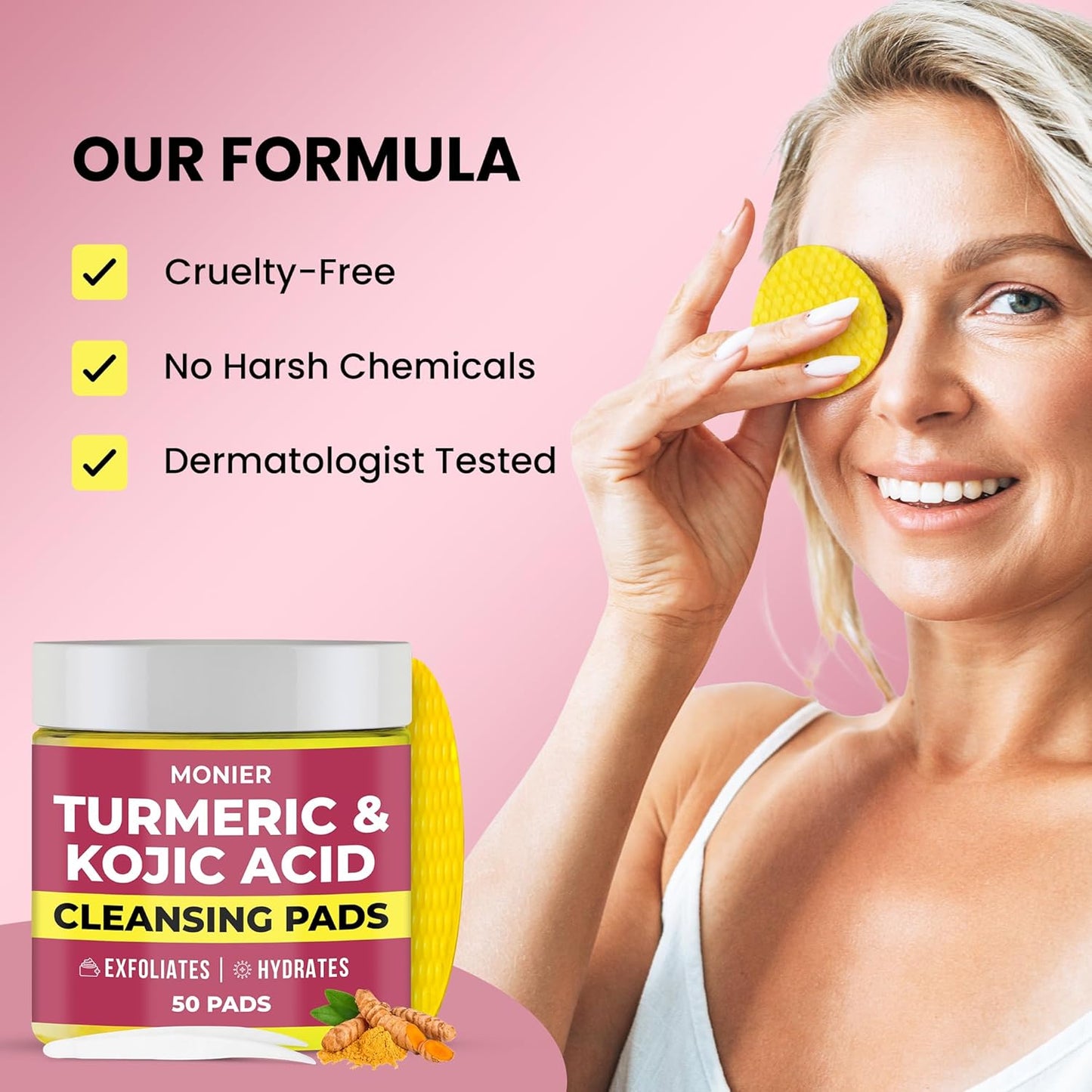 Turmeric & Kojic Acid Cleansing Pads for Dark Spots - Hydrating & Plumping - 50 Pads