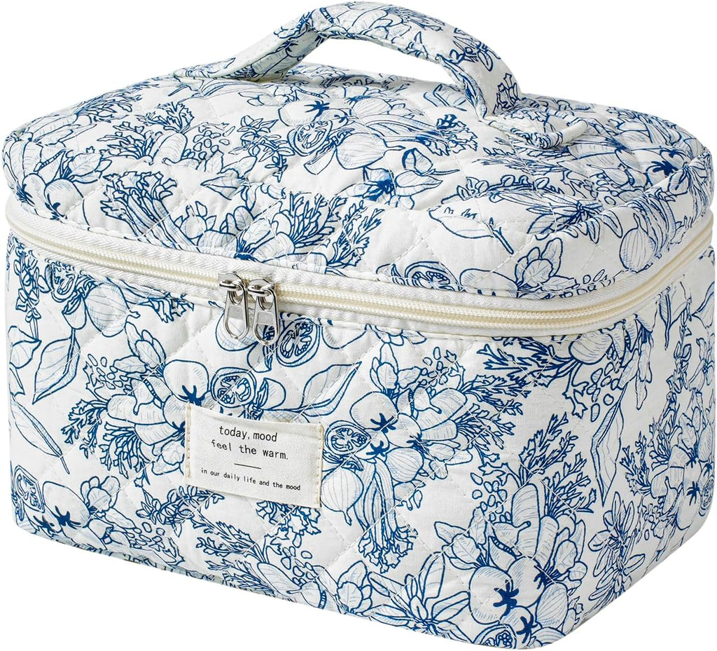 uekeboag Large Travel Quilted Makeup Bag for Women, Floral Cotton Cosmetic Bag, Coquette Aesthetic Floral Toiletry Organizer Bag