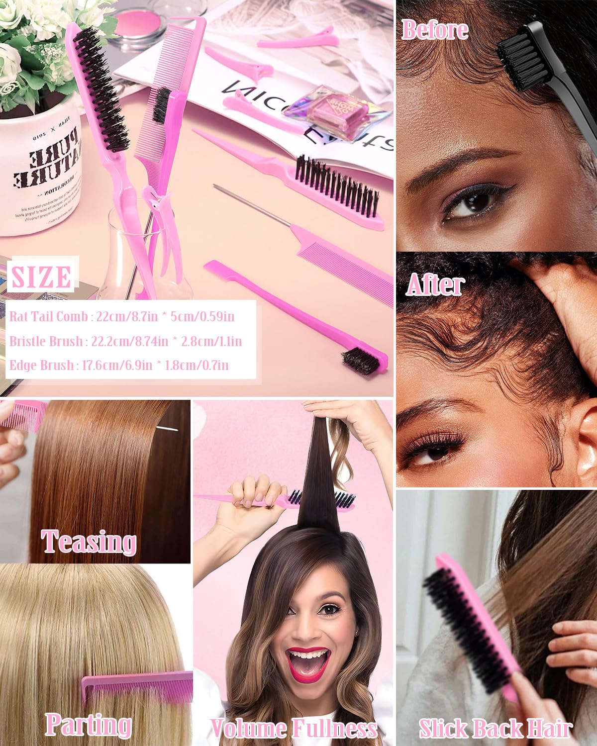 Slick Back Hair Brush Set: Hair Wax, Edge Brush, Rat Tail Comb, Bristle Brush, Hair Bun Accessories, Smoothing Brush for Women & Kids