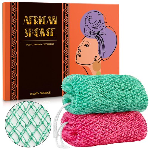 African Net Sponge Authentic - 2 Pieces Real African Exfoliating Sponge with Knots - Afro Back Scrub Net for Body Exfoliator - Bath Loofah Washcloth for Shower Essentials