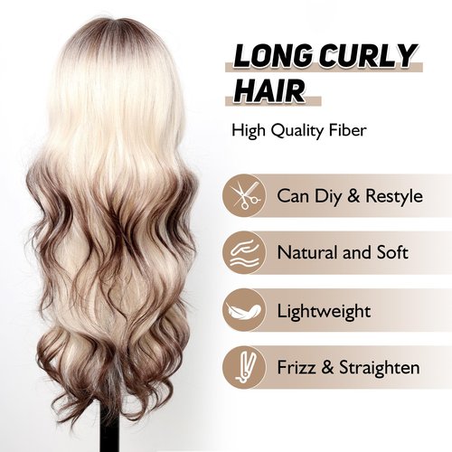 testar Long Platinum Blonde Wavy Wigs For White Women 26 Inch Brown and White Wigs with Bangs Synthetic Blonde Curly Wigs For Daily Party Use Hair Replacement Halloween Wigs