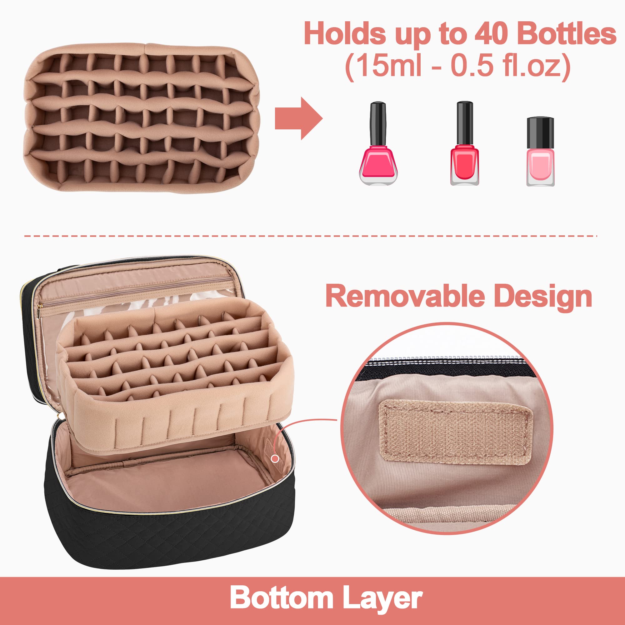 Yarwo Nail Polish Organizer Case Holds 50 Bottles(15ml/0.5 fl.oz) and Nail Lamp, Double Layers Nail Polish Bag with Adjustable Dividers for Nail Art Tools, Black (Bag Only, Patent Design)