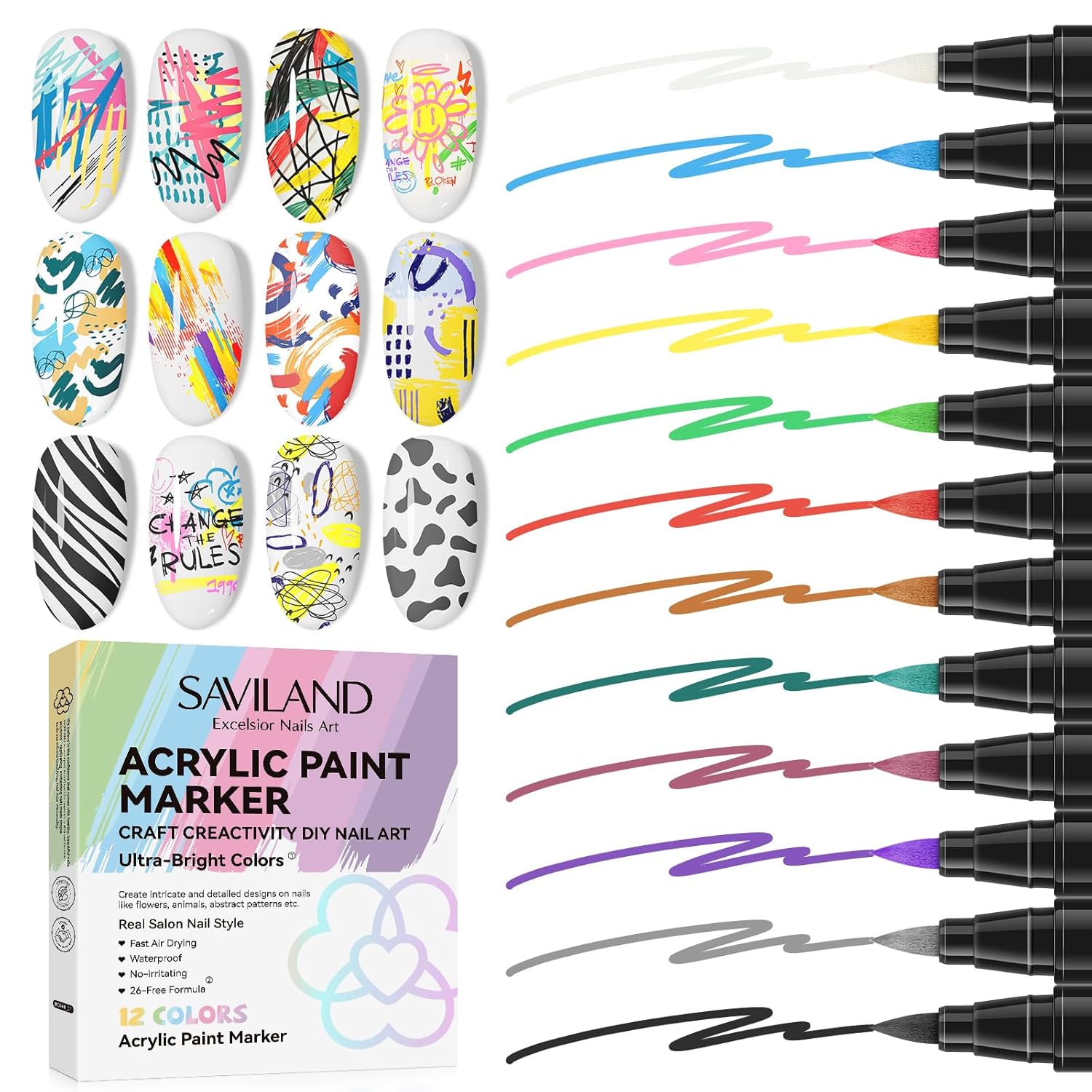 Saviland 12 Colors Nail Art Pens Set - 3D Nail Polish Pens Acrylic Paint Pens Nail Markers for Nail Art Drawing Painting Nail Point Dotting Liner Pen Manicure Tools Nail Design Kit Home Nail Salon DIY