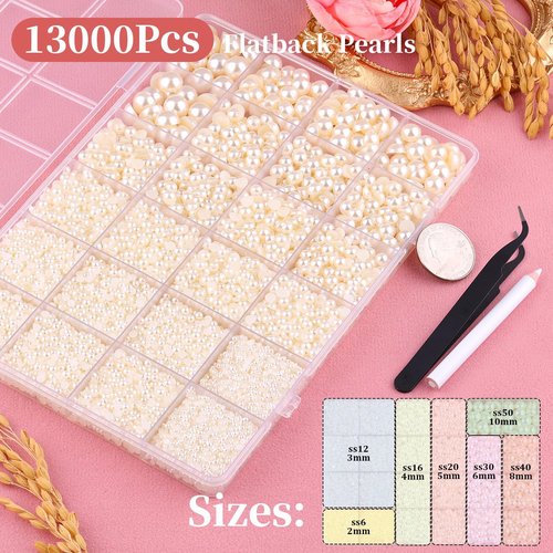 13000Pcs Flatback Pearls for Crafting (White), Assorted Size 2/3/4/5/6/8/10mm Half Pearl with 3Pcs 10ml B7000 Jewelry Glue, Bedazzling Bead for DIY Crafts Clothing Tumbler Shoes Embellishment Nail Art