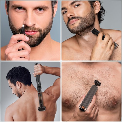 Hatteker Upgraded Mens Electric Back Shaver Body Grooming kit Body Trimmer Facial,Arm,Chin Beard Trimmer Cordless Hair Clipper with Adjustable Extension Handel Waterproof LED Display