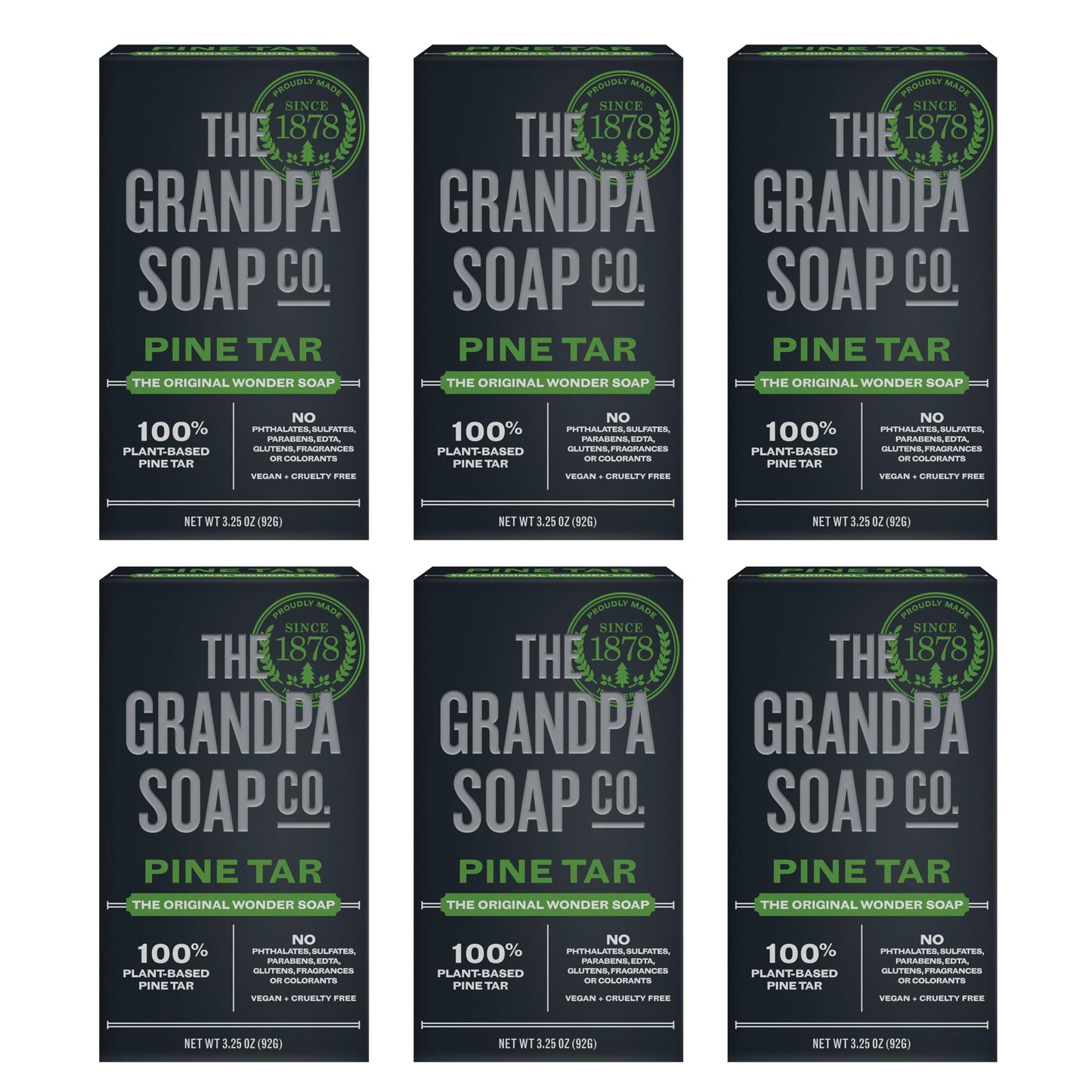 The Grandpa Soap Company Pine Tar Bar Soap for Men- Made With Pine Tar Oil, 3 in 1 Cleanser Deodorizer and Moisturizer, Dermatologist Tested, Safe for Sensitive Skin, 3.25 Oz, 6 Pack